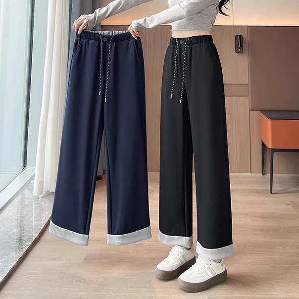 窄版阔腿裤女春秋针织流行条纹松紧腰显瘦直筒休闲卷边牛仔九分裤