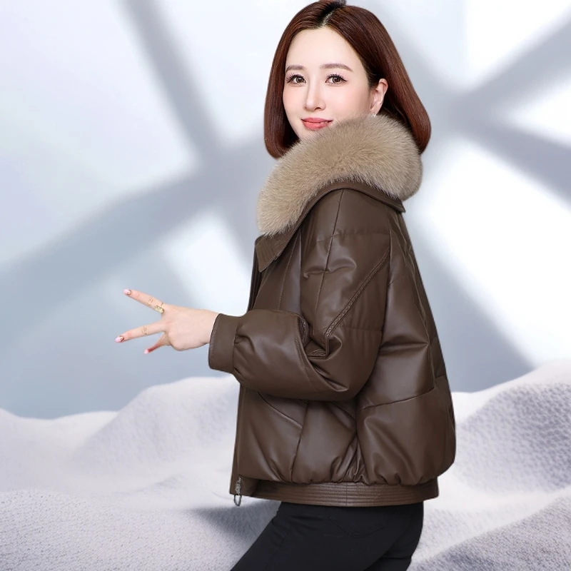 海宁皮羽绒外套女2025新款狐狸毛领皮草鸭绒绵羊皮真皮羽绒服短款