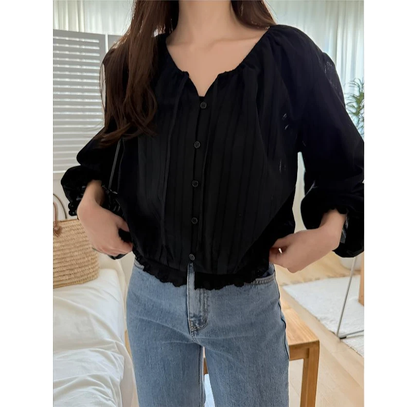 JULIA春秋新款小众时尚百搭上衣蕾丝花边收腰显瘦百搭韩版