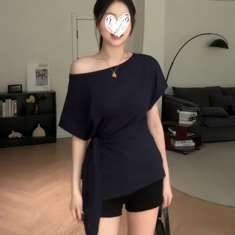 艺等韩版新款高级设计感修身显瘦收腰绑带短袖t恤爆款别致女上衣