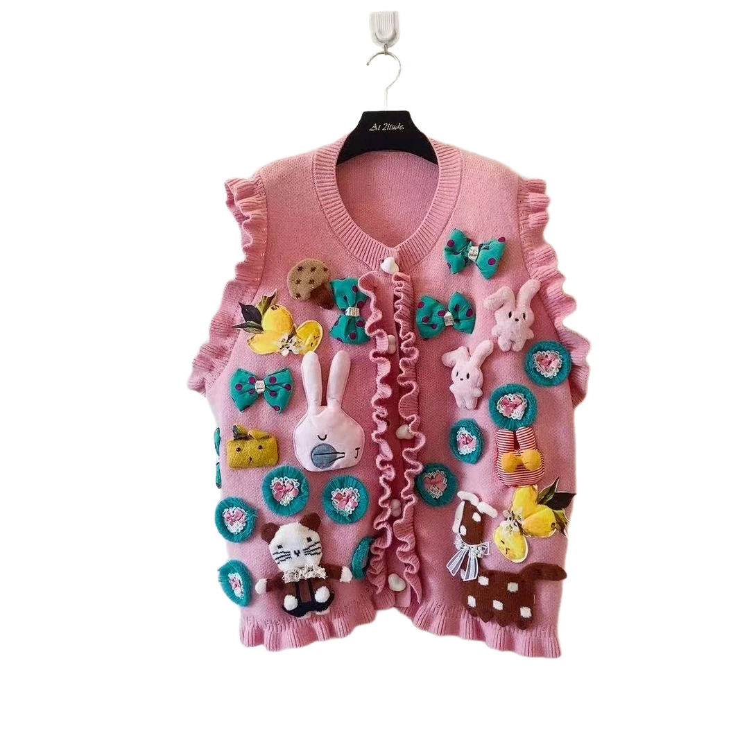 ATT2025潮牌梦幻风花朵V领毛针织衫复古女装针织衫冬季