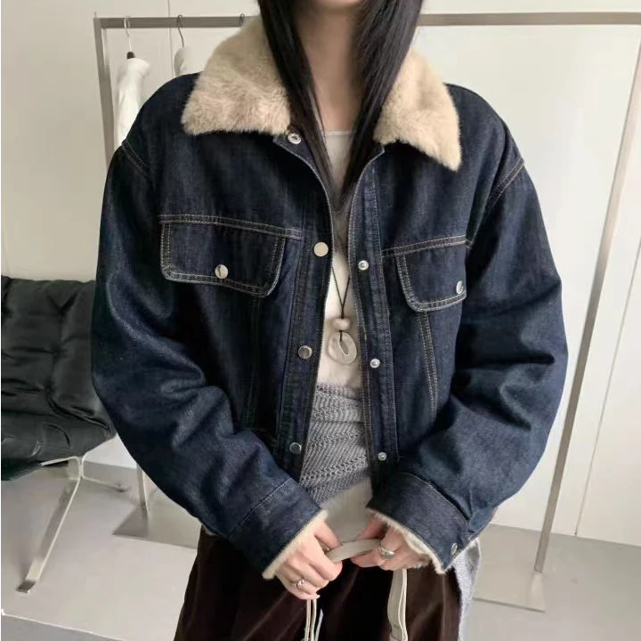 La Vague  毛绒领拼接复古牛仔外套