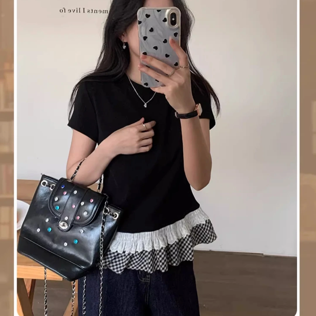 黑色格子蕾丝花边正肩短袖t恤女夏季修身内搭打底衫辣妹新款上衣