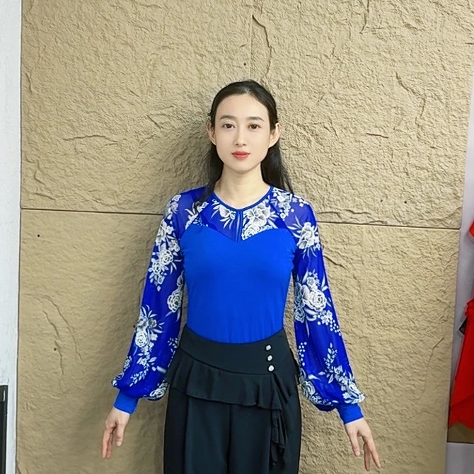 欢舞阁摩登双人吉特巴广场舞时尚气质圆领镂空灯笼袖女舞衣A0774