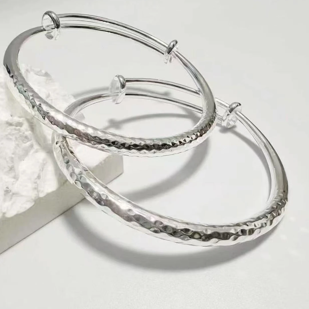 锤纹素圈推拉手镯个性时尚银镯子百搭-A090