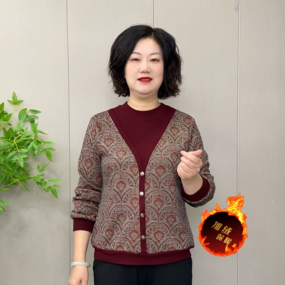 2025秋冬新款加绒保暖打底衫宽松显瘦洋气减龄假二件中老年妈妈装