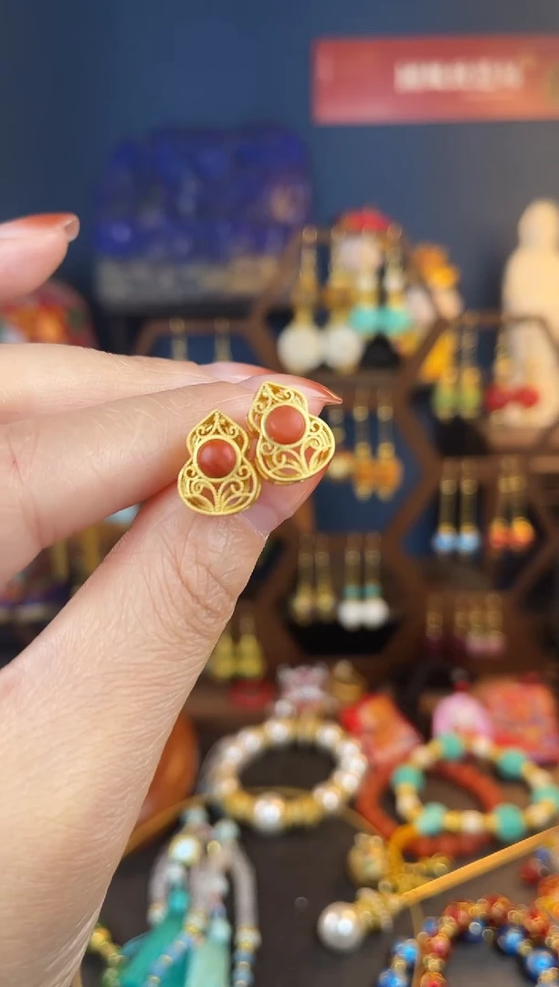 【闪购商品】南红玛瑙银S925镀金镶嵌耳饰耳钉10号