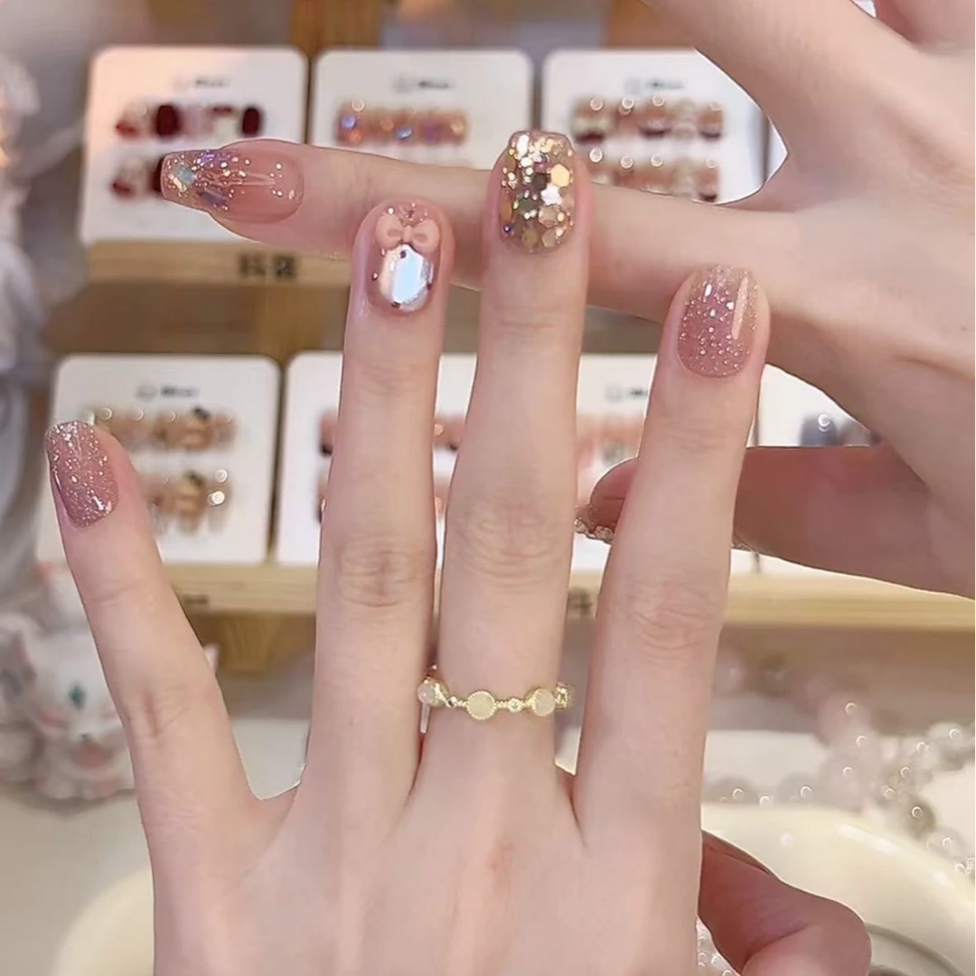 【爆闪蝴蝶结】野世穿戴甲 粉色蝴蝶结 少女猫眼美甲