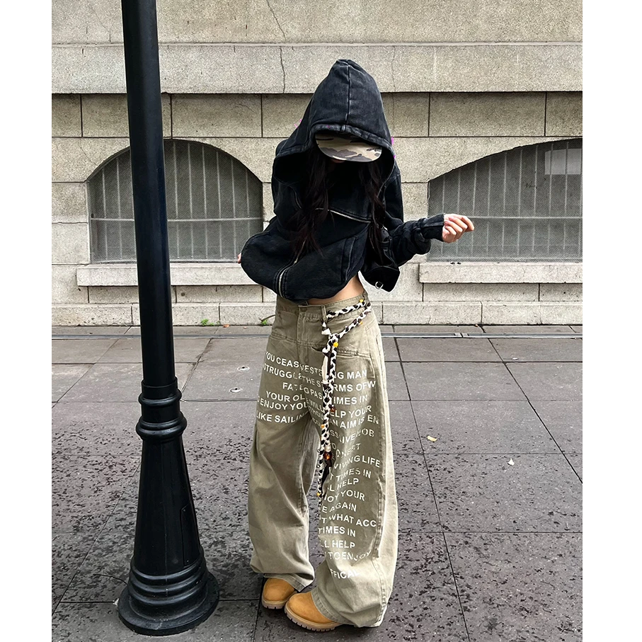 秋季美式字母印花设计感休闲裤男女宽松休闲直筒阔腿拖地长裤子