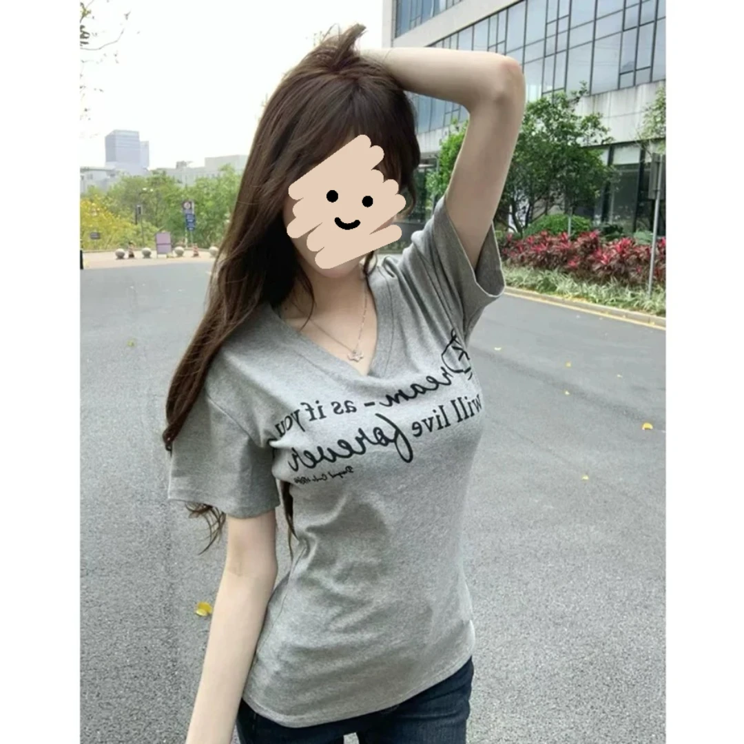 字母短袖T恤女2025新款显瘦遮肉辣妹V领夏季百搭韩版上衣9806