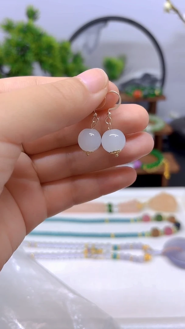和田玉（白玉）14K金镶嵌耳饰E04