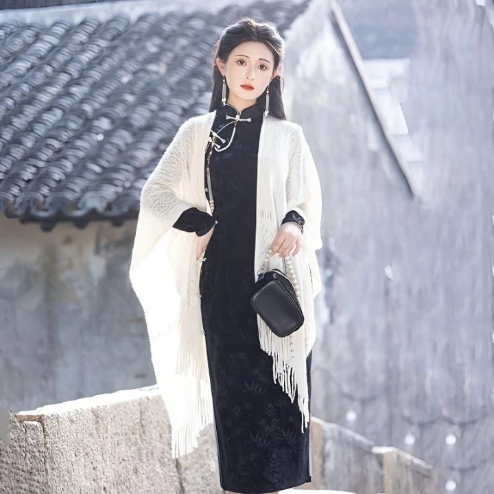 新中式复古流苏百搭毛织披肩配旗袍披肩女2025春秋季外搭针织