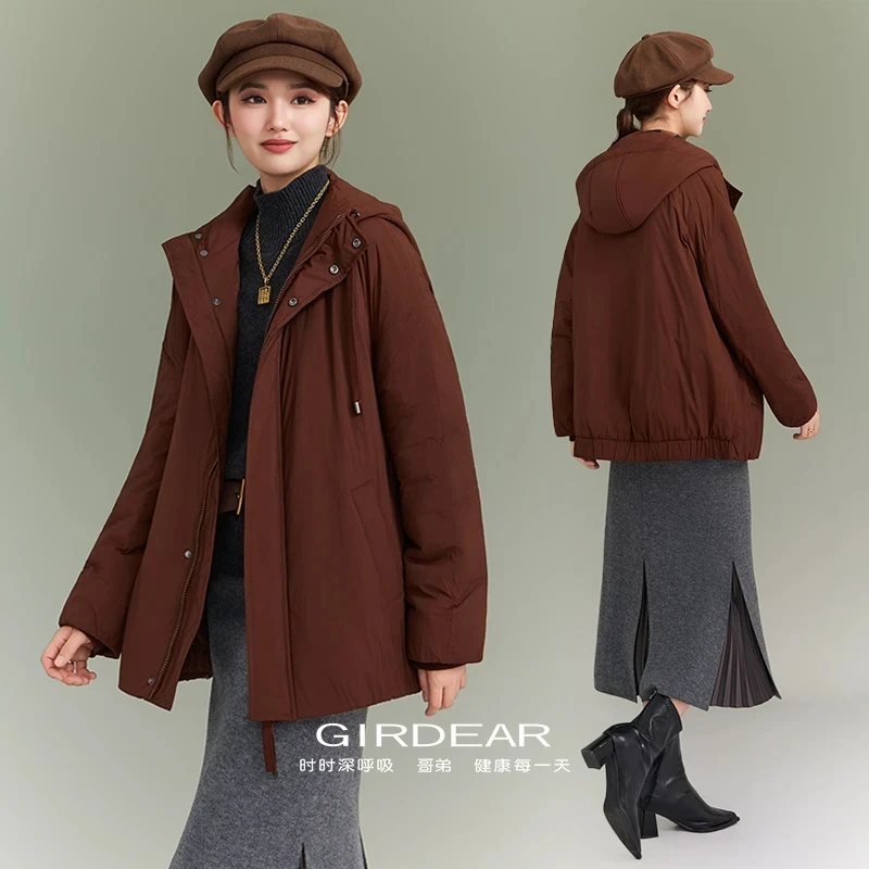 GIRDEAR/哥弟 冬新款百搭舒适休闲新雪丽保暖连帽棉服外套140052