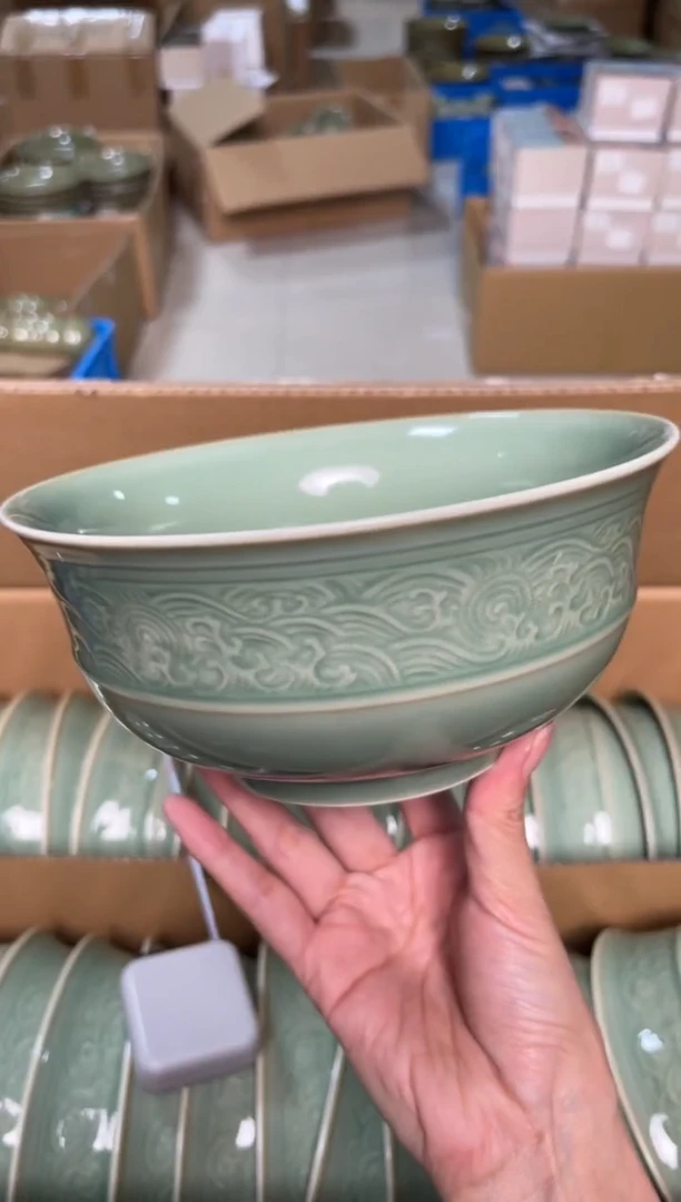 陶瓷青瓷7英寸海浪纹大碗 全品 单只