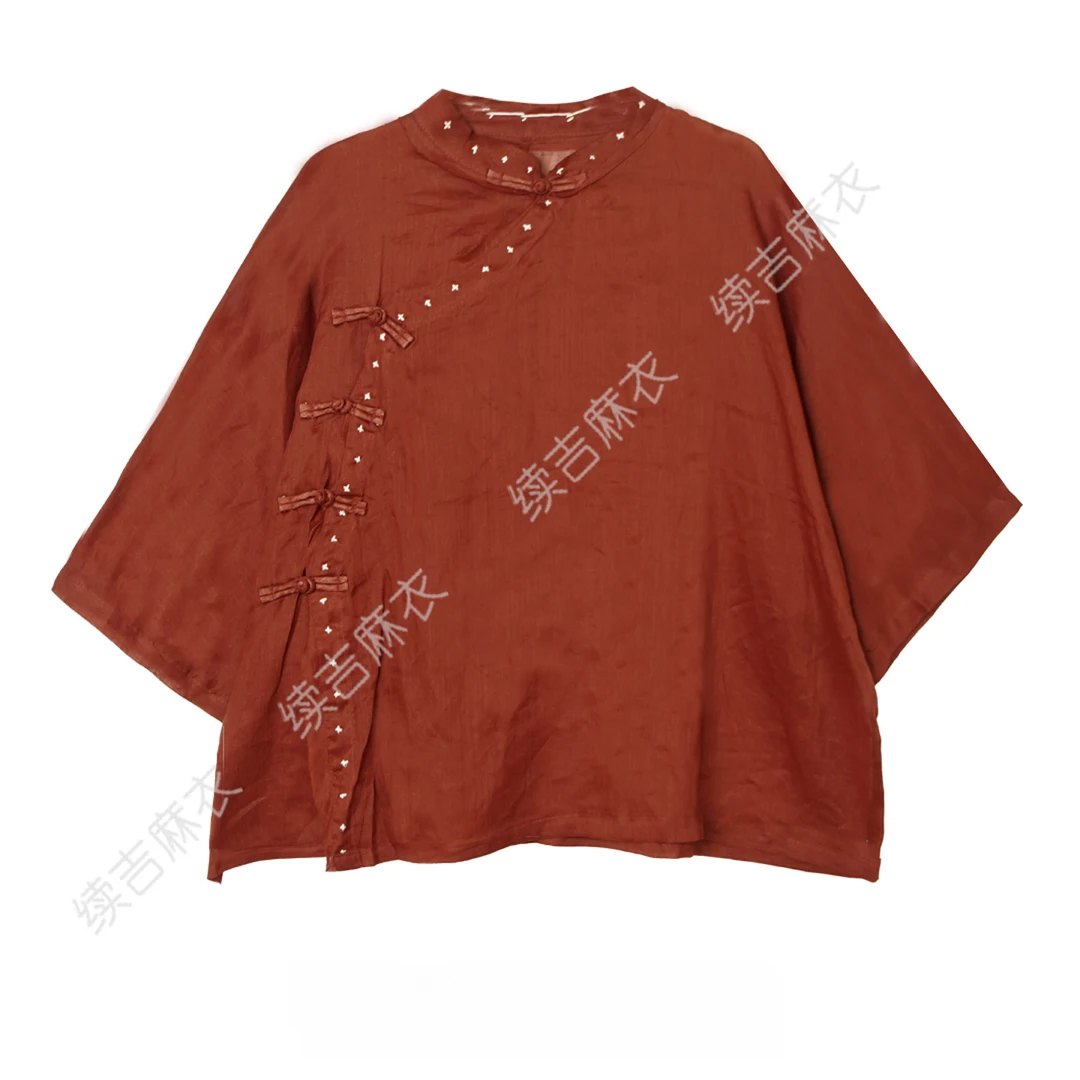春-续吉麻衣25-343苎麻立领盘扣手工绣线宽松百搭衬衫