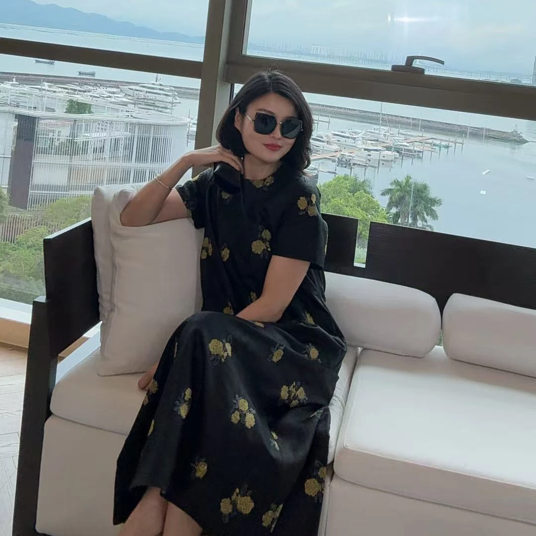 TANTAN  真丝香云纱绣花气质连衣裙1429