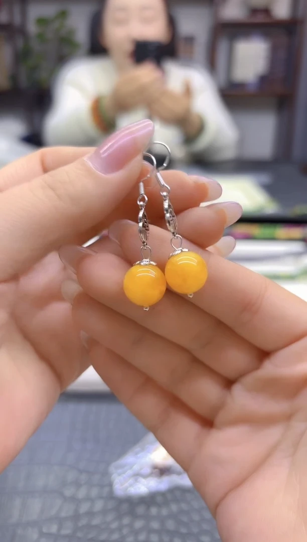 蜜蜡银S925镶嵌耳饰DIY款E898