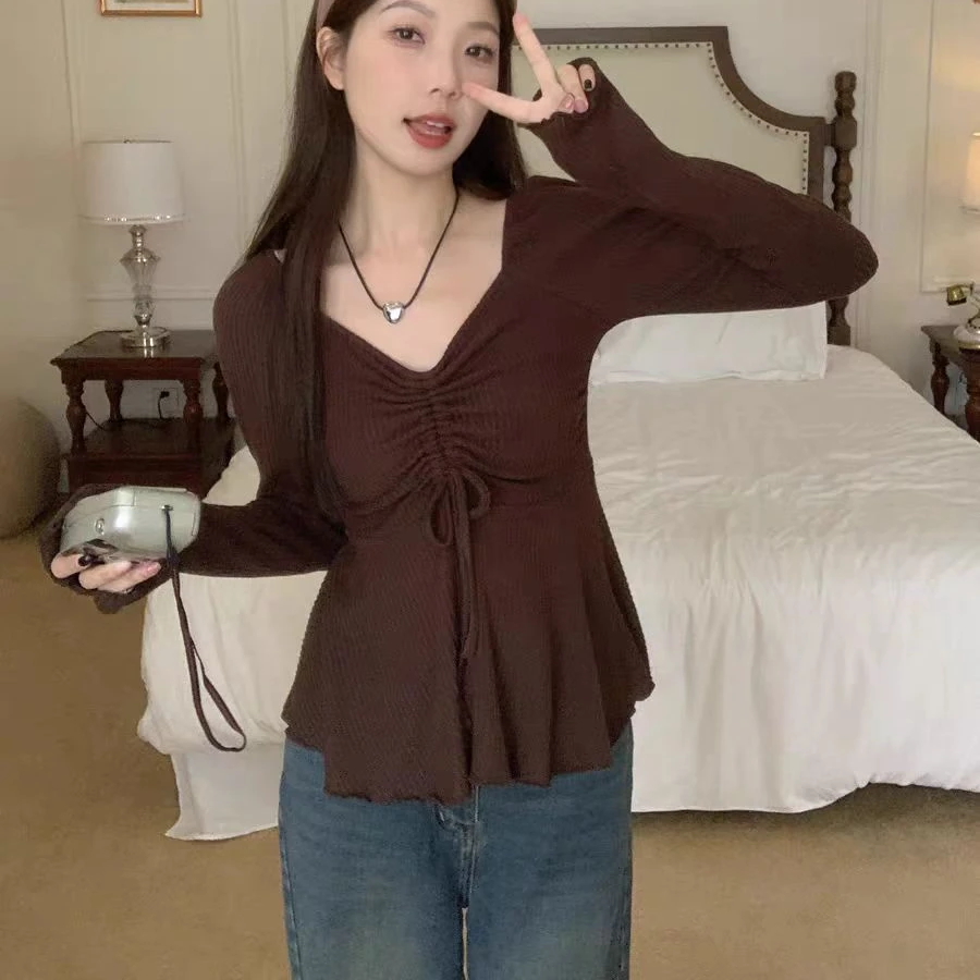 温柔抽绳V领显瘦修身上衣#1052