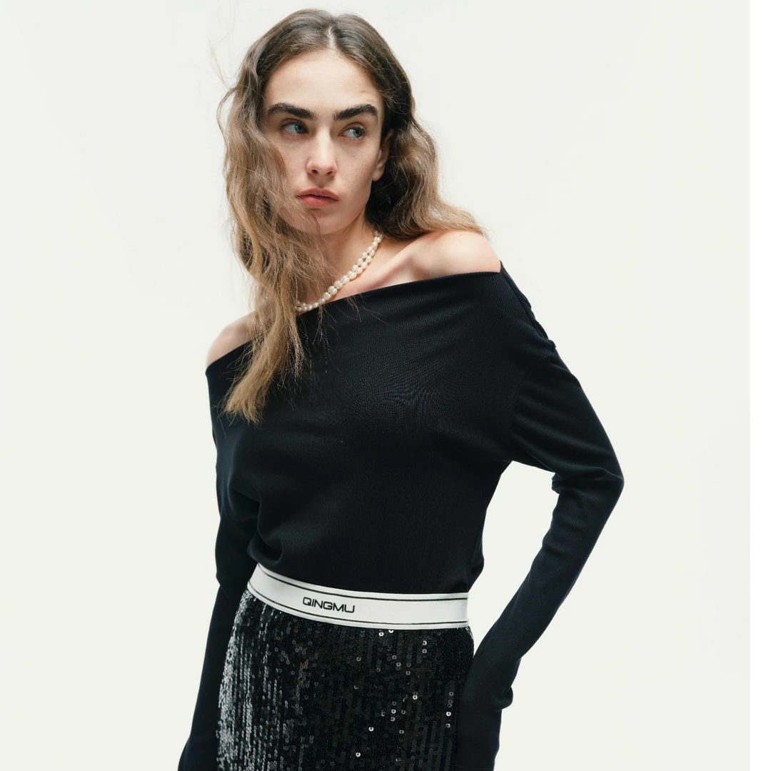 QINGMU 25 罗纹露肩衫
