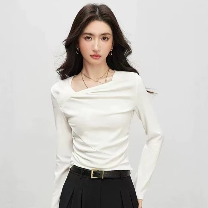 职业阿玛诗官2025秋冬季新款时尚气质设计感不规则长袖T恤女上衣