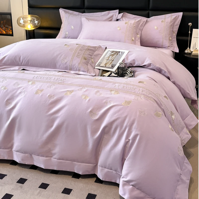 高档加厚纯棉磨毛四件套轻奢纯色全棉被套刺绣花简约