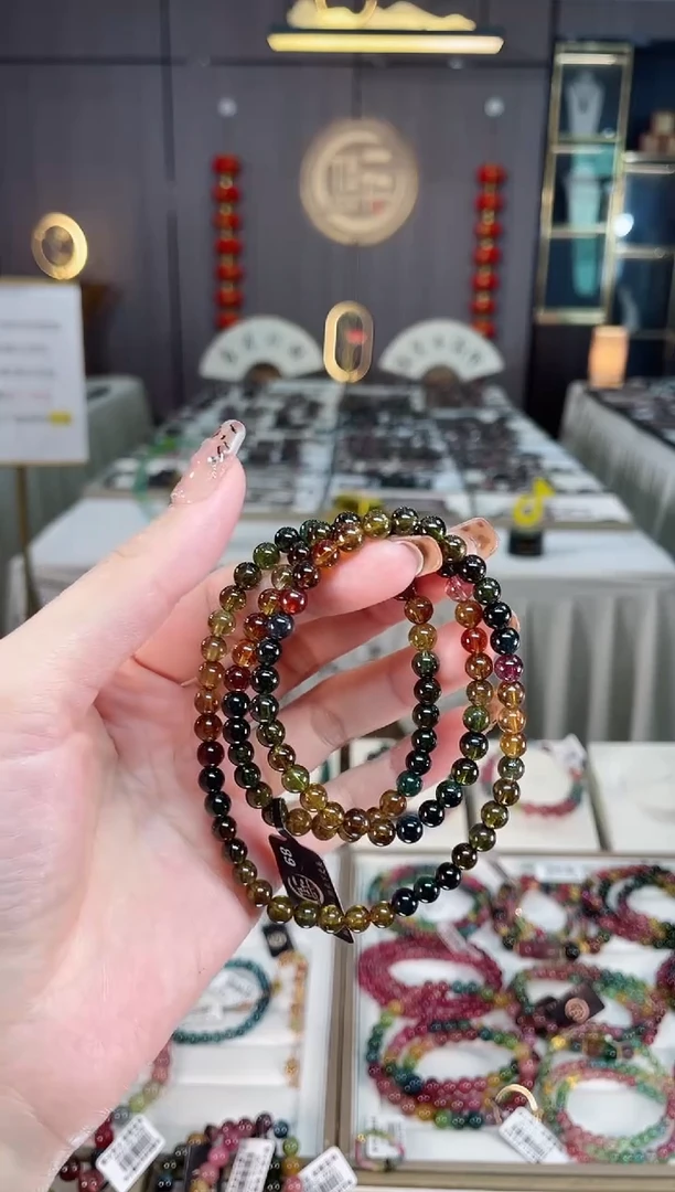 未镶嵌老矿碧玺彩糖三圈手串5mm+碧玺dan多样性发货一条