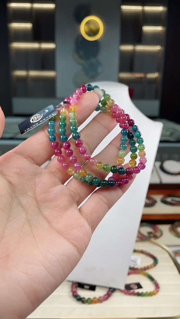 未镶嵌老矿碧玺彩虹三圈手串5mm+碧玺（多样性发一条）T