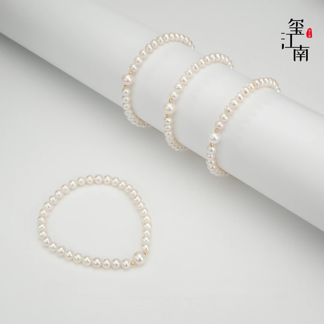 18k金双金豆手链｜淡水珍珠手链弹力绳手串4-6mm多样性发1  FS0125