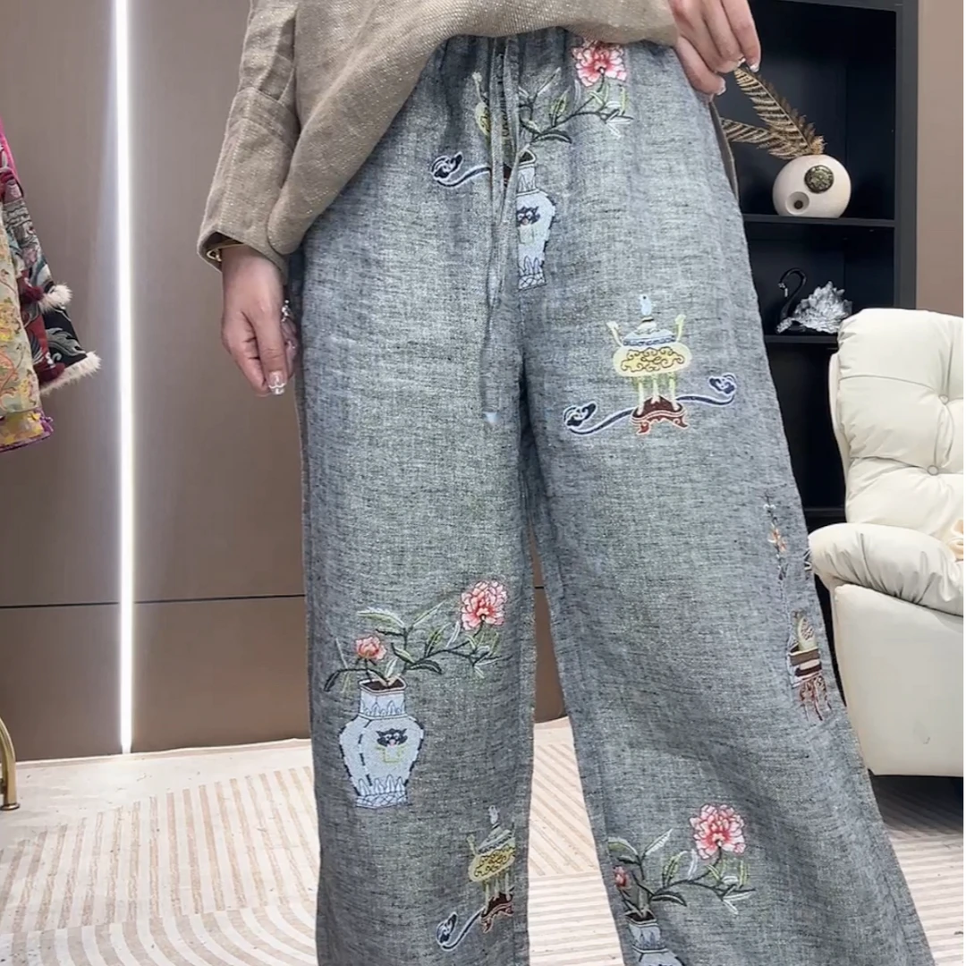 【芊颜家】“宝瓶花” 秋季款新中式时尚女士金丝麻刺绣长裤09892-1