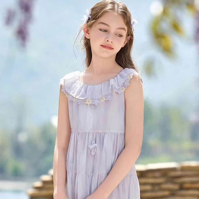 碎花法式女纯色中国风夏季连衣裙小女孩无袖公主裙甜美韩版1097