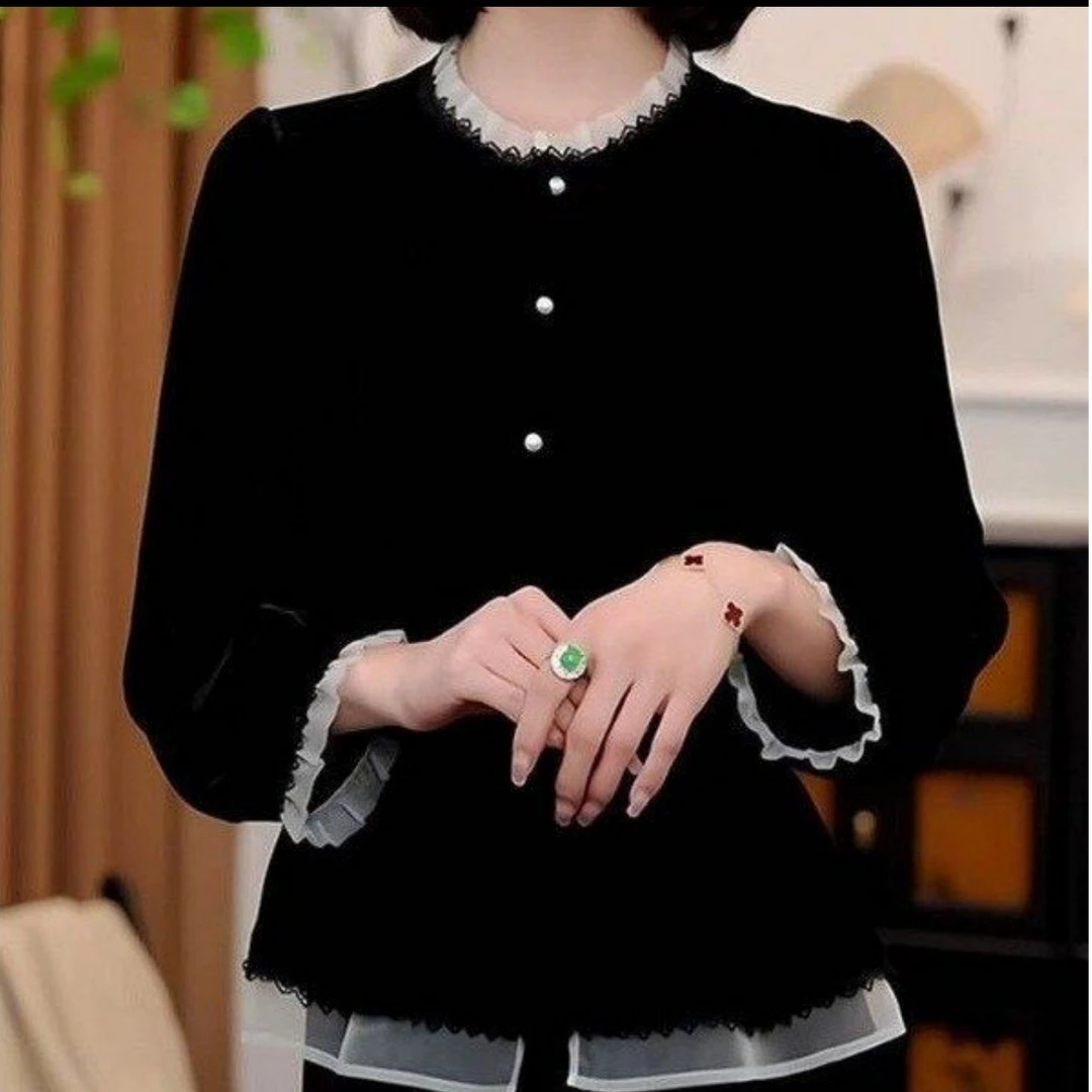 不起球荷叶袖上衣法式秋冬衬衫轻奢黑色长袖时尚小众丝绒开衫设计