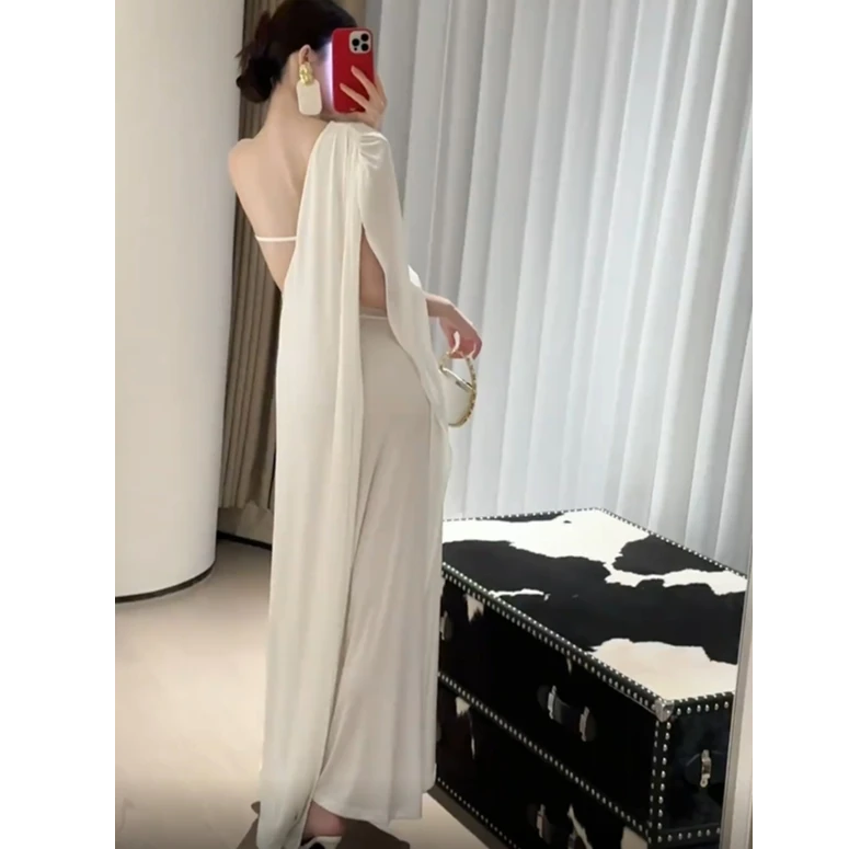 法式仙气飘带挂脖连衣裙女夏季御姐风气质露背裙子度假风a字长裙