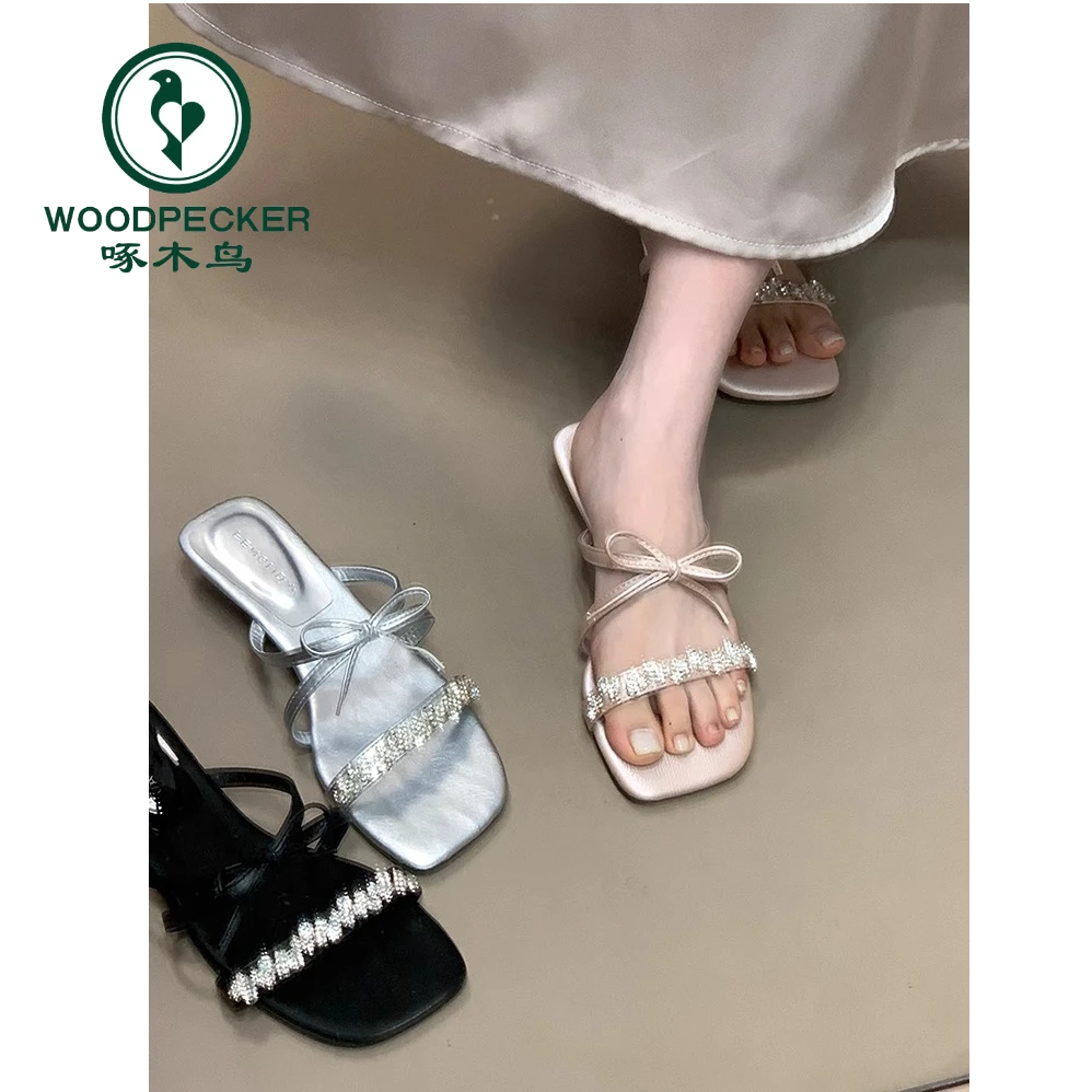 啄木鸟细带水钻蝴蝶结一字拖女仙女风高级感凉拖外穿2025新款