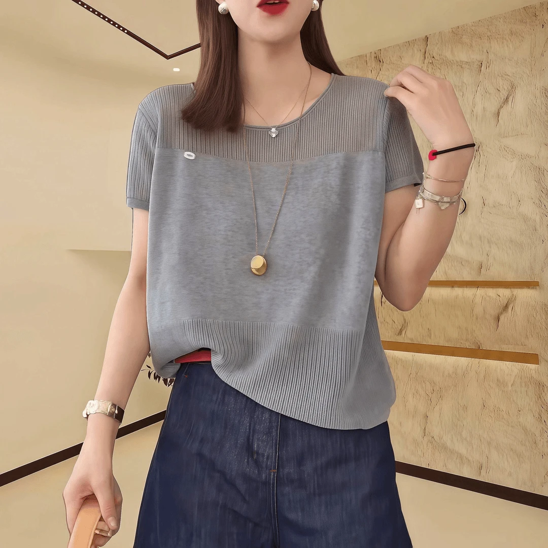 灰色针织t恤上衣镂空正肩短袖新款毛针织衫女25夏季薄款9192