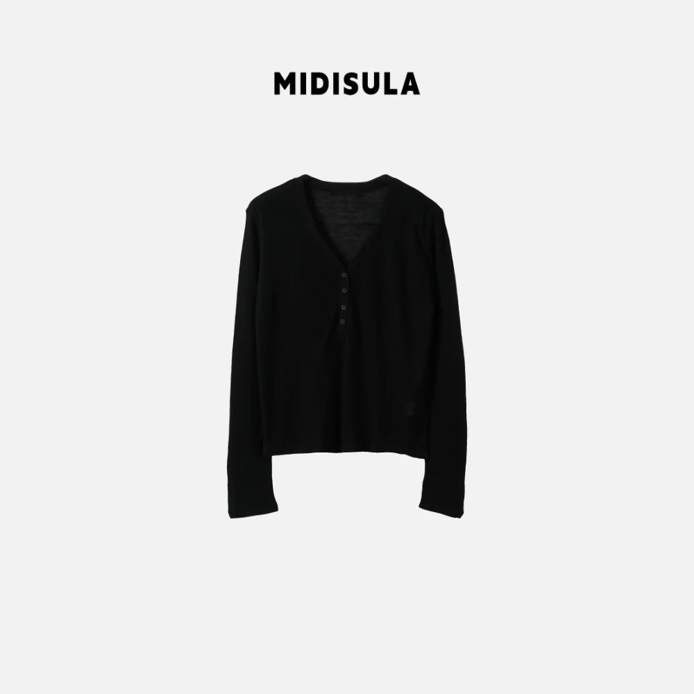 MDSL·早秋新款时尚气质四扣v领修身显瘦正肩纯色袖长T恤#1320