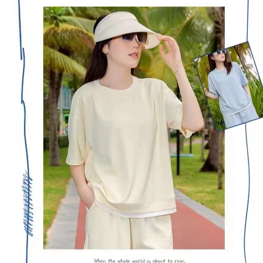 夏季显瘦新款假两件净版空气层运动套装