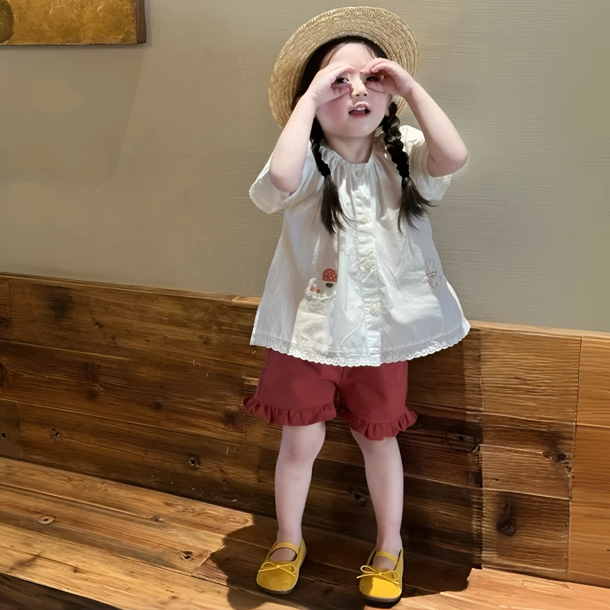 女童套装夏日韩系可爱甜美风宝宝2025夏季薄款卡通衬衫短裤两件套