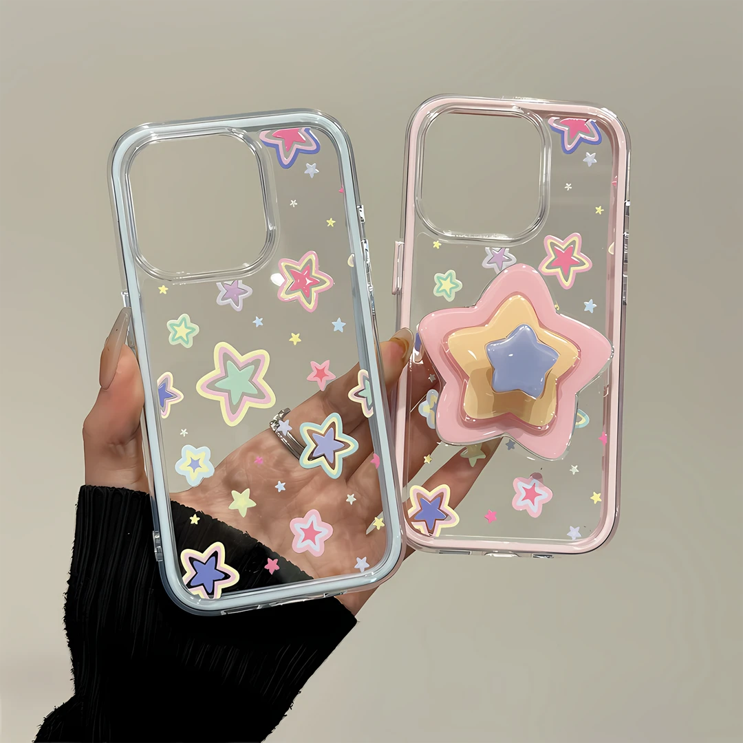 适用苹果16pro三合一炫彩iPhone15手机壳创意ins星星转转支架华为