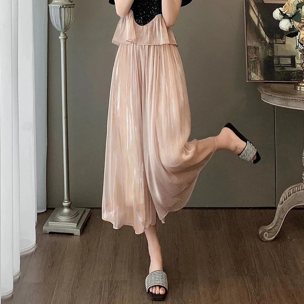 【裙裤】珠光鎏璃纱阔腿裤新款气质高腰显瘦宽松中长款休闲裙裤子