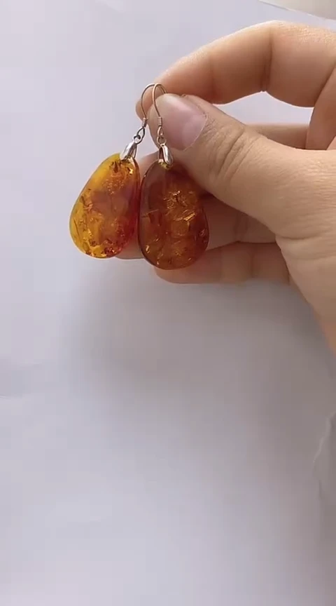 【闪购商品】琥珀裸石银S925镶嵌花珀耳坠