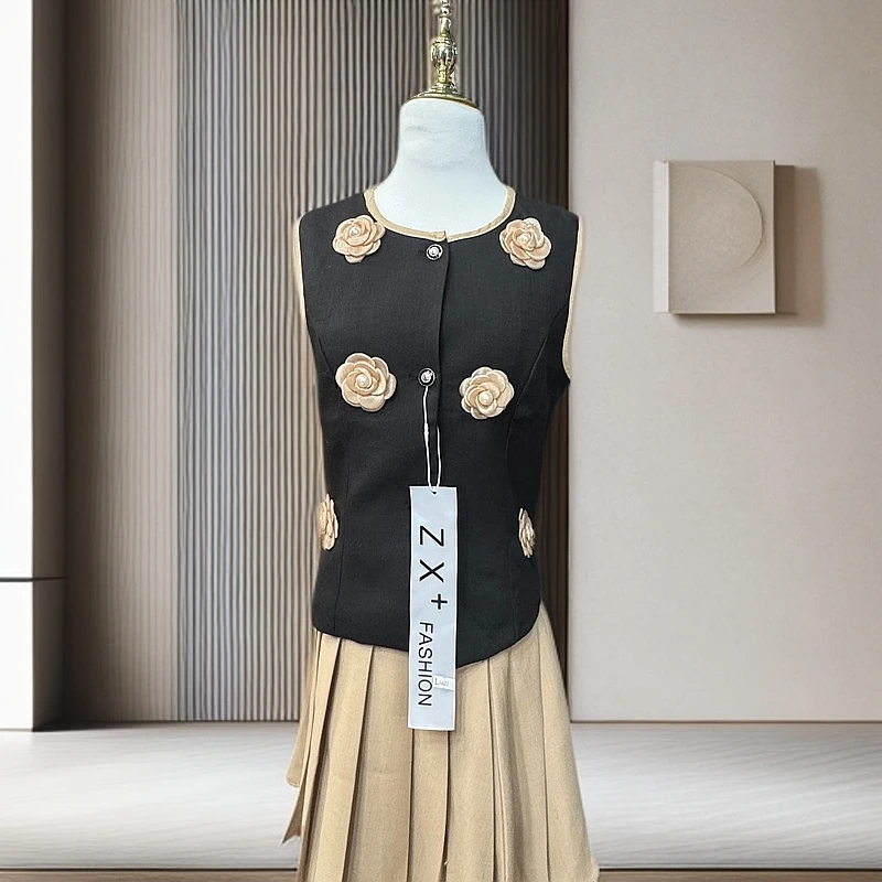 时尚女装修身小香风气质法式西装时尚套装马夹黑色无袖