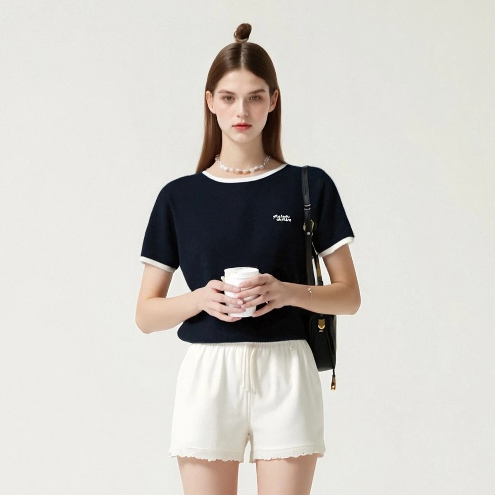 [MEIN] 短袖圆领T恤褶皱宽松短袖t恤夏季女士时尚撞色 10053