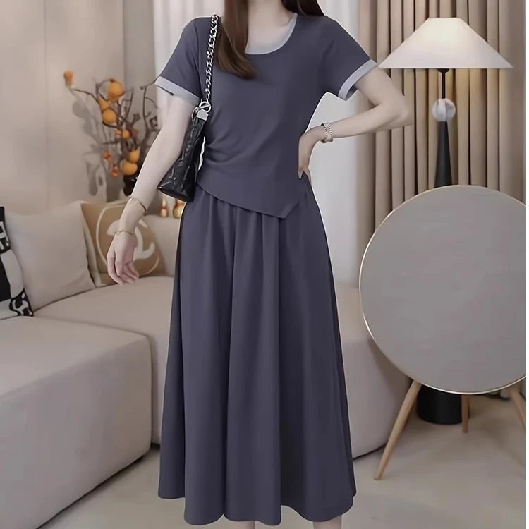 法式气质假两件连衣裙女2025夏季新款叠穿撞色拼接短袖中长裙0998