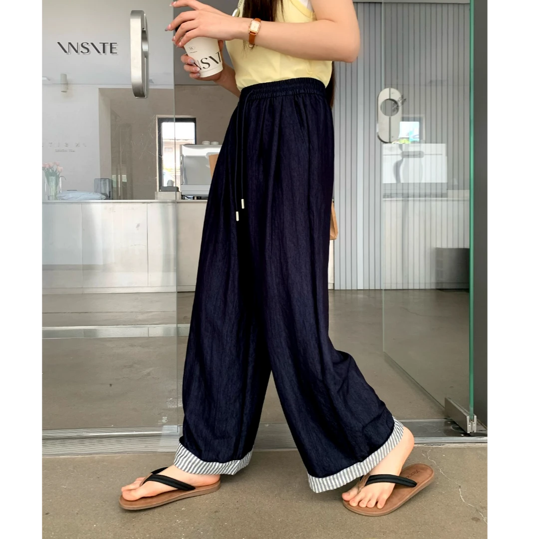 春夏松紧腰拼接条纹卷边休闲女薄款阔腿九分直筒裤