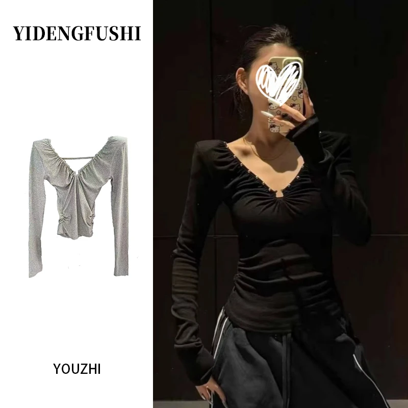 露背V领性感长袖T恤女2025早秋季韩版辣妹收腰百搭修身打底衫上衣