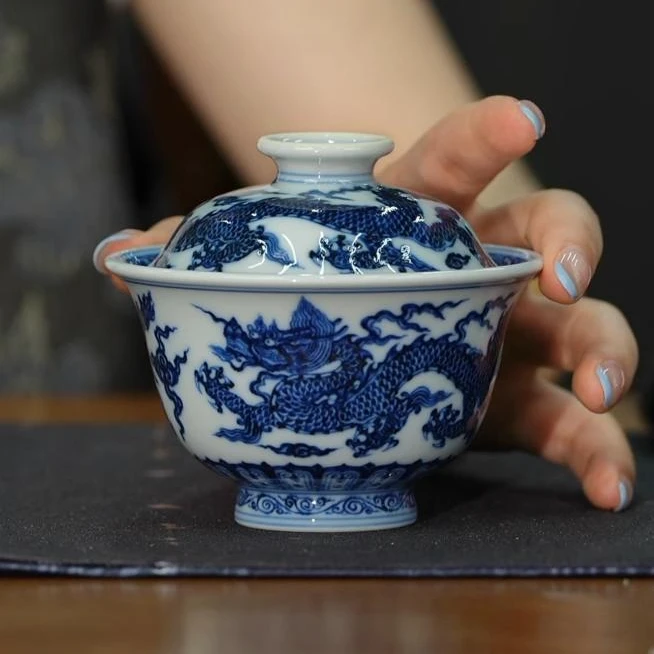 【墨舍名窑】刘建锋龙纹二才盖碗纯手工陶瓷家用手绘景德镇中式