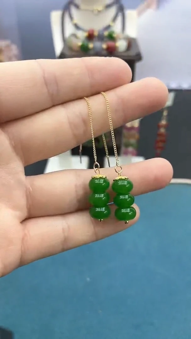【闪购商品】和田玉耳饰14K金镶嵌碧玉竹节耳线