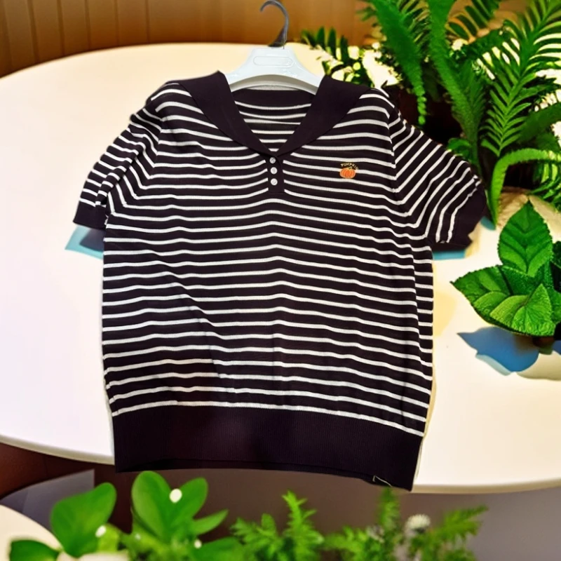 短袖夏季毛针织衫polo针织衫条纹套头宽松多巴胺穿搭