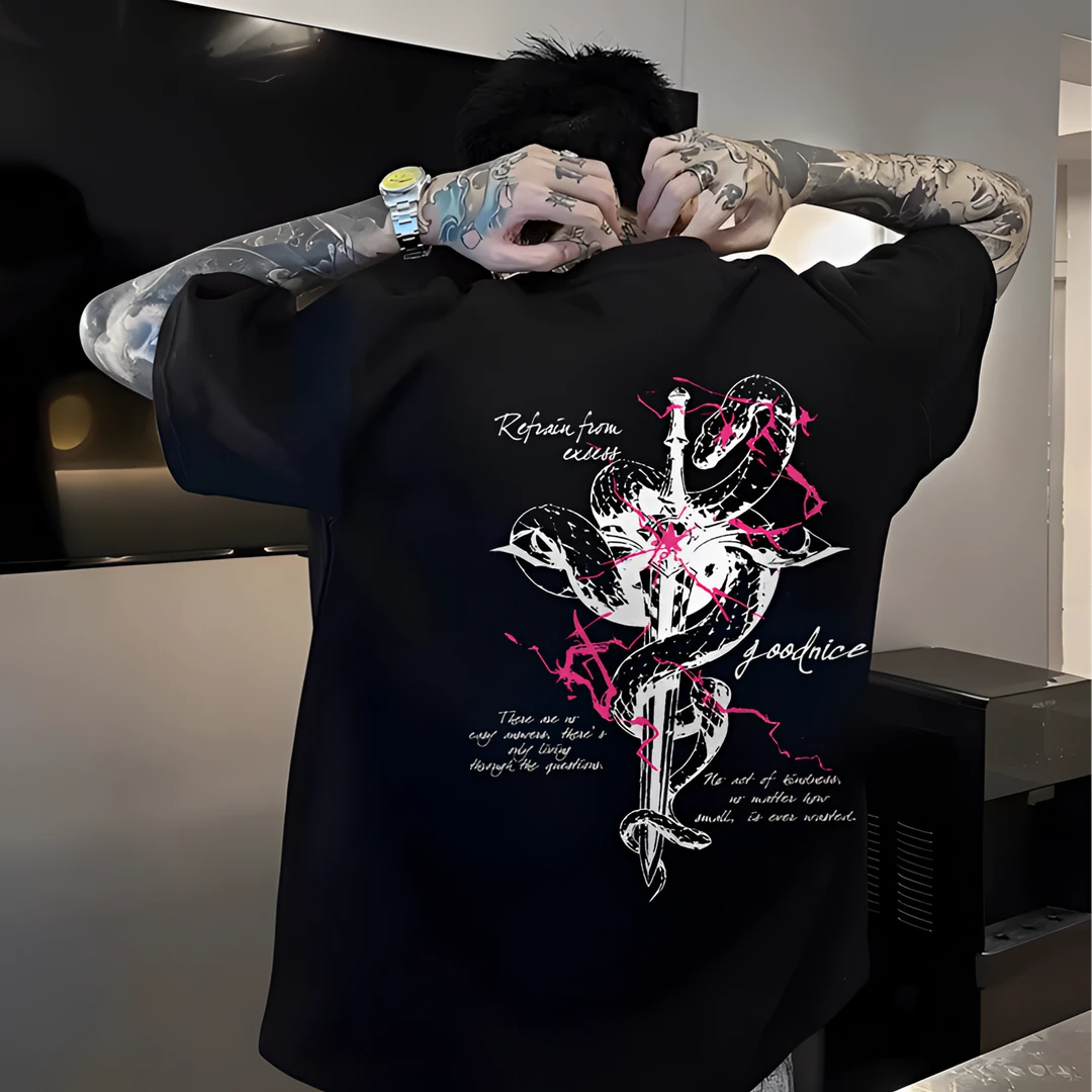 美式高街潮流创意灵蛇宝剑印花短袖t恤男重磅纯棉圆领半袖情侣款