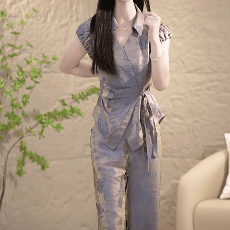 【上衣+休闲裤】2025夏季新款时尚洋气高端精致法式修身显瘦两件套